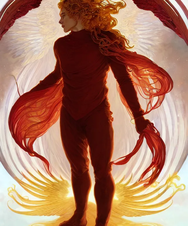 Prompt: symmetrical fullbody portrait of a beautiful young fit male angel with curly blond hairs, full dressed in long fluent red clothes, majestic big demon wings, luminous fire halo, by greg rutkowski and alphonse mucha, gradient white to gold, in front of an hellish background, highly detailed portrait, digital painting, artstation, concept art, smooth, sharp focus illustration