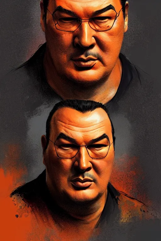 Image similar to portrait of sad steven seagal wearing orange prison jumpsuit, prison jumpsuit, digital painting, artstation, concept art, smooth, sharp focus, illustration, whimsical background by marc simonetti, artwork by liam wong, patriotic!