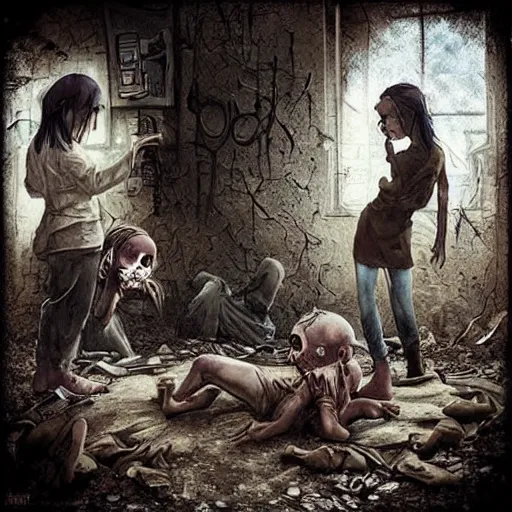 Prompt: “ sensual nurse treating zombie childs in a destroyed hospital, fantasy, artwork ”