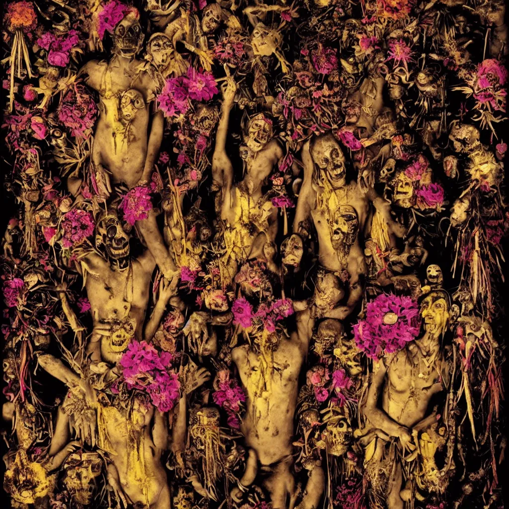 Image similar to award winning photo of sacred voodoo ritual, gold and concrete, human sacrifice, death, frantic, rotten flesh, flowers, evil cult, mysticism, vivid colors, weird and disturbing, symmetrical face, neon lights, studio lighting, wide shot art by sally mann & arnold newman