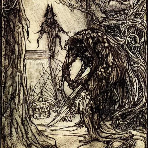 Prompt: once upon a midnight dreary, while i pondered, weak and weary, over many a quaint and curious volume of forgotten lore, by arthur rackham, highly detailed,