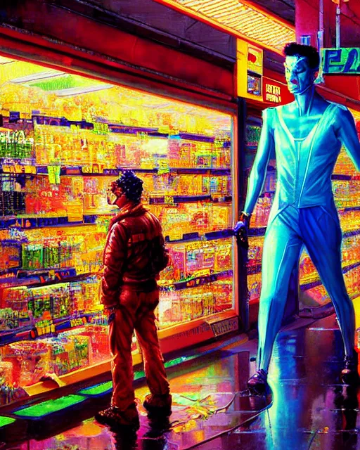 Prompt: cyberpunk man shopping at a neon soaked grocery store, science fiction painting, elegant intricate digital painting artstation, art by norman rockwell, detailed