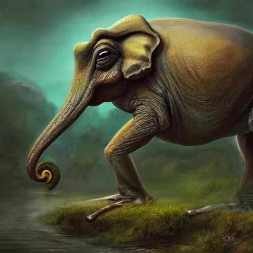 Image similar to frog - elephant creature, fantasy art, matte painting