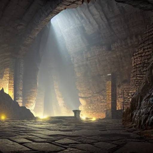 Prompt: dark cavern underground with a ancient temple in the distance, natural light 4k rendered concept art