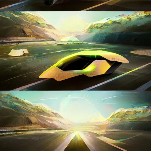 Prompt: solarpunk hovercar, clean energy, green technology, batoidea shape, scifi, sunny day, futurism, intricate, engines, autonomous, highly detailed, peaceful, utopia, bright, digital painting, advanced, artstation, concept art, smooth, sharp focus, epic landscape, art by akihiko yoshida and tim mcburnie and anato finnstark