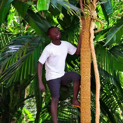 Prompt: nigerian young man climbing a banana tree 3 d art