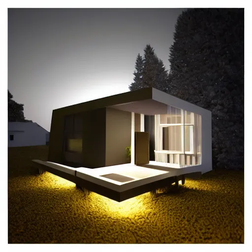 Image similar to crystal sphere with mini modern house with led strip lights inside it, octane render hyperdetailed,