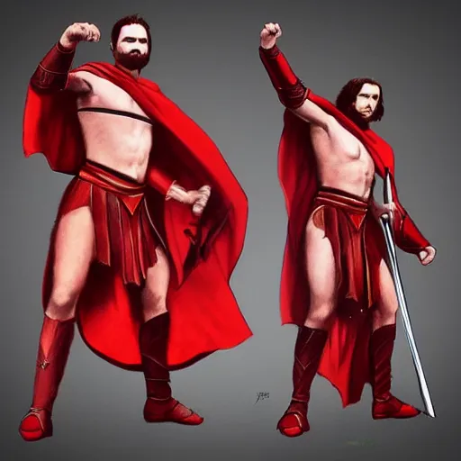 Image similar to “Spartans in battle uniform jumping on trampoline red robe and cape swinging spear swords shield Greece Hercules in the style of Edward Hooper shading artstation”