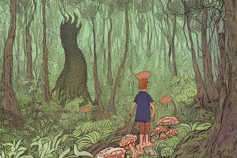 Prompt: a young boy entering a huge mysterious and fantasy forest with a cthuluh monster in a distant clearing, large openpath, mushrooms, lush exotic vegetation, very graphic illustration by jean giraud and victo ngai, ultradetailed, clean line, color comics style, dynamic lighting, night