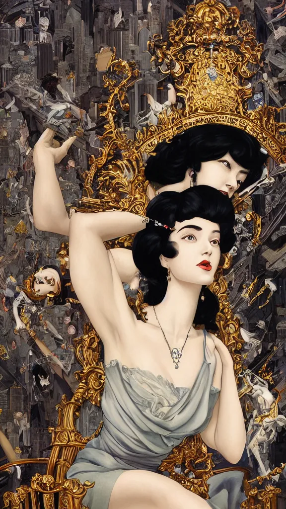 Image similar to a beautiful black haired woman with pale skin and a crown on her head sitted on an intricate metal throne new york circa 1 9 8 4 edward hopper and james gilleard, surreal, open ceiling, highly detailed, airbrush, ilya kuvshinov, wlop, stanley artgerm, very coherent, art by takato yamamoto and james jean