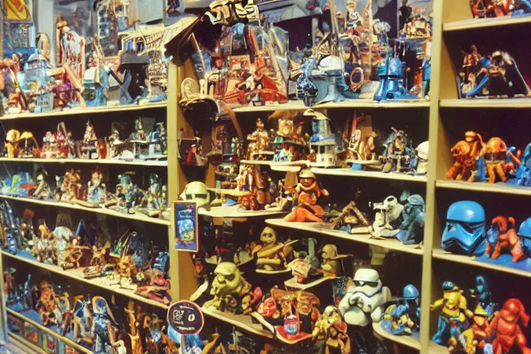 Image similar to autochrome photo of vintage star wars toy aisle, detailed, realistic, toy store