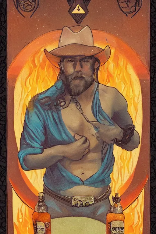 Prompt: an ethereal tarot painting of a handsome shirtless cowboy with a stocky build and beer belly sitting at a serene campfire | tin cans and jugs of whisky | tarot card, art deco, art nouveau | by Mark Maggiori | trending on artstation