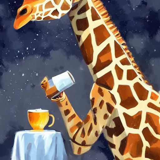 Image similar to a giraffe astronaut drinking tea with queen isabel, trending on artstation, art by greg manchess, guangjian, detailed digital art, artstation hd