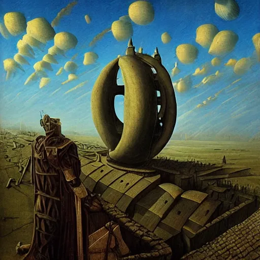 Prompt: Medieval village on the plains, a villager looking up. The sky is completely covered to the horizon by an incredibly enormous colossal oversized massive airship-like ship. Extremely high detail, realistic, medieval fantasy art, dark fantasy, masterpiece, art by Hans Rudolf Giger, Zdzisław Beksiński