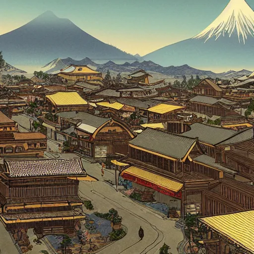 Prompt: Sprawling view of american Western Town with Edo Period Japan design; trending on Artstation