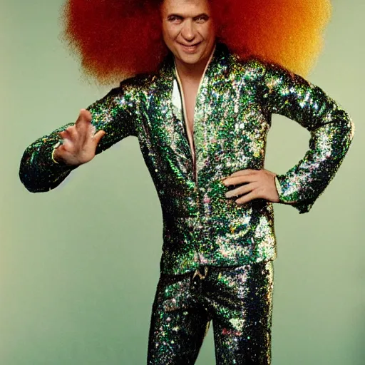 Prompt: uhd candid photo of disco stu wearing disco suit, intricate disco costume. correct face, correct disco attire. photo by annie leibowitz