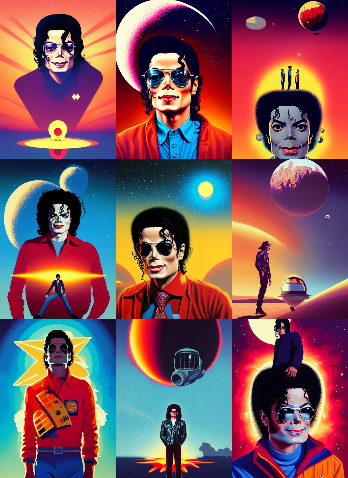 Prompt: retrofuturistic portrait of michael jackson in front of atomic bomb explosion, backlighting, space graphics art in background, close up, quint buchholz, wlop, dan mumford, artgerm, liam brazier, peter mohrbacher, raw, featured on artstation, octane render, cinematic, elegant, intricate, 8 k