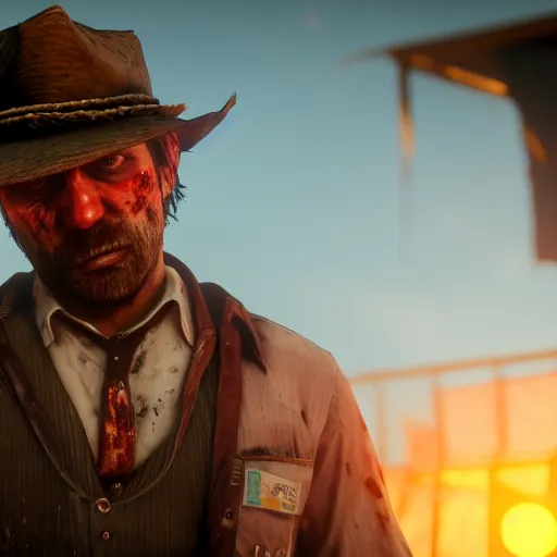 Image similar to zombie, bokeh dof, professional, dreamy, cute, 4 k, sunset, award winning, disgusting, funny, red dead redemption 2