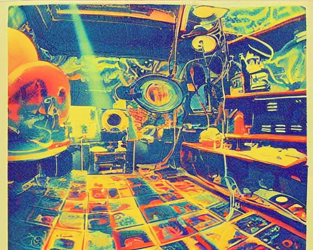 Image similar to wide angle, under water deep sea laboratory, steve zissou, at night, colorful lo fi, polaroid 6 0 0, 1 9 7 5 lightning, data bending, vhs artifacts, vintage science fiction, aquatic plants, colorful swirls of paint, movie set, film noir