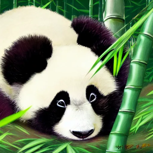 Prompt: A baby panda sleeping in a bamboo forest by studio ghibli, highly detailed body, peaceful atmosphere , digital art , highly detailed , high contrast, beautiful lighting, award winning , trending on art station, photorealistic, 8k