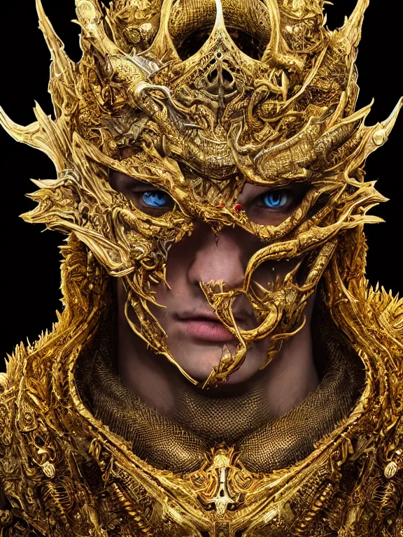 Image similar to portrait art of 8k ultra realistic dragon king,intricate gold crown, detailed intricate ornate armour,decaying, cybernetic, full of colour, cinematic lighting, battered, trending on artstation, 4k, hyperrealistic, focused, extreme details,unreal engine 5, cinematic, masterpiece, art by ayami kojima, giger