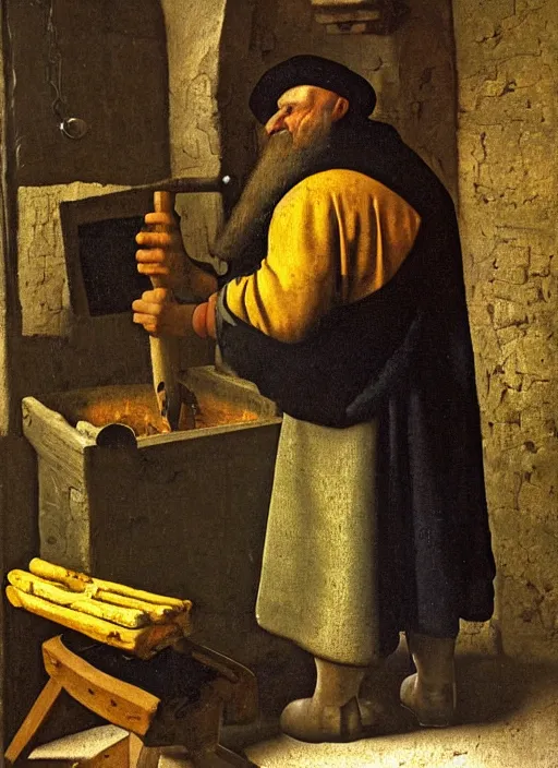 Prompt: A bald blacksmith, with a long dark beard in a forge, medieval forge, medieval painting by Jan van Eyck, Johannes Vermeer, Florence
