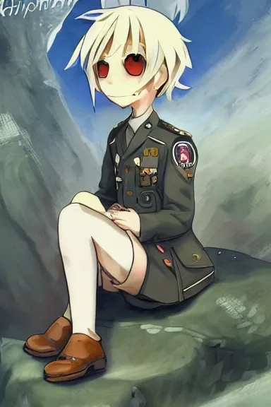 Image similar to beautiful little blonde boy in thigh nazi male uniform. made in abyss art style, inspired by kris from deltarrune, cute detailed artwork, anatomically correct, soft details, ilya kuvshinov, reflection, perfect composition, wallpaper mobile, illumination, digital art, detailed anime soft face, symmetrical face, western comic, illustration, realistic, nazism, lois van