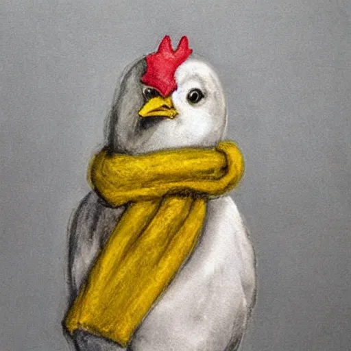 Image similar to A chicken wearing a scarf,