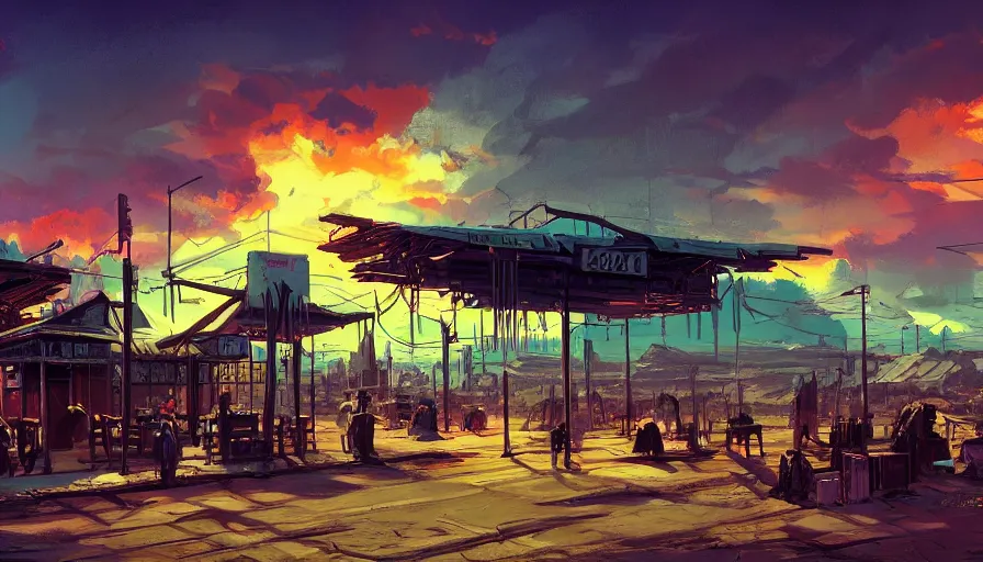 Image similar to train station roadside old west saloon cyber punk cactus graveyard sunset sky clouds illustration by syd mead artstation 4 k 8 k graphic novel concept art matte painting