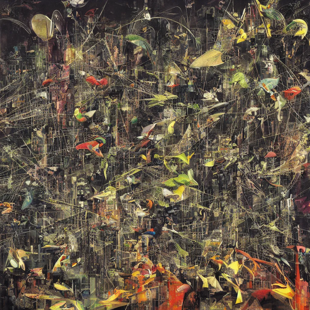 Image similar to digital birds fly over a progressively rasterized city of neon virtual networks and information visualization, oil on canvas by dave mckean and roberto matta