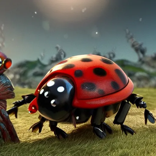 Prompt: promotional movie still, ladybugs, ladybug quadruped with big piercing eyes, ladybug hobbits, ladybug robots, space western, the fellowship of the ring ( film ), 3 d render