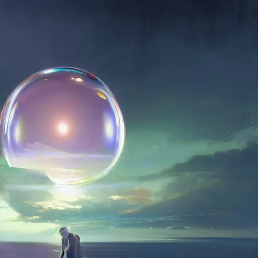 Image similar to A ultra detailed beautiful panting of a fragile and delicate bubble containing the last lightning of green hope, oil panting, high resolution 4K, by Ilya Kuvshinov, Greg Rutkowski and Makoto Shinkai