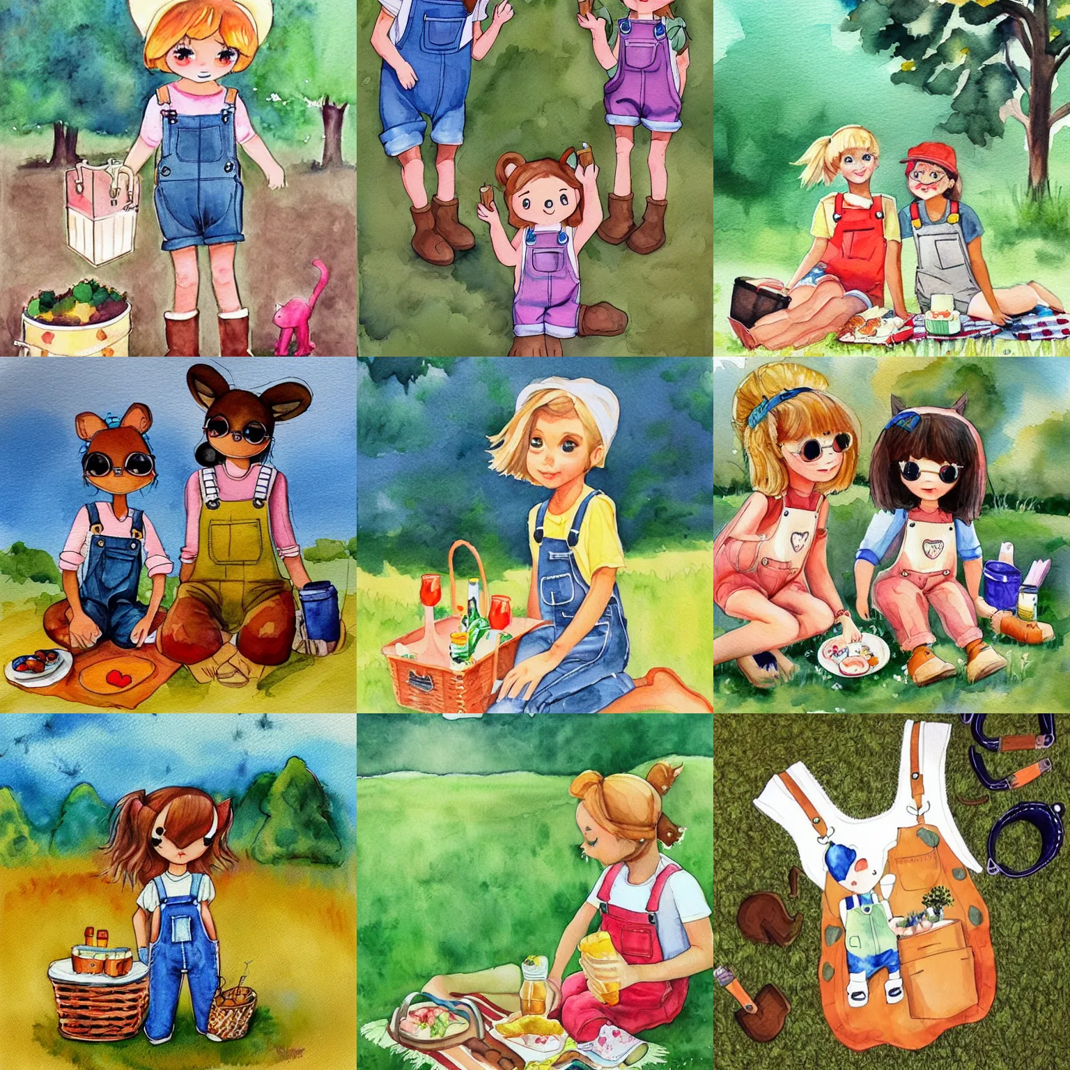 Prompt: wholesome anthro ant girl overalls picnic, cottagecore girlfriends, trending on pintrest, golden hour, watercolor