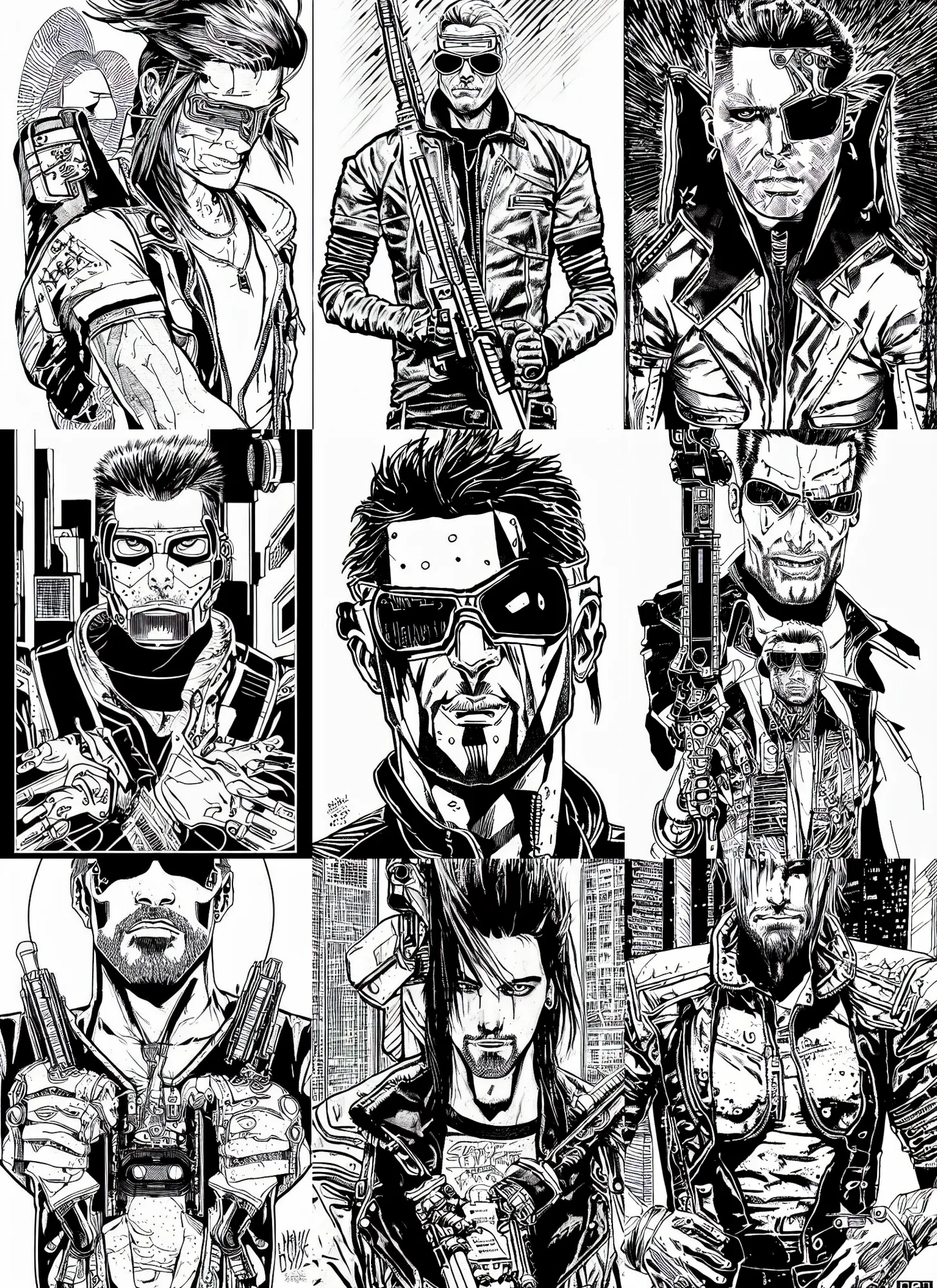 Prompt: johnny silverhand, portrait, cyberpunk 2 0 2 0 manual, by steampoweredmikej, inktober, ink drawing, black and white, coloring pages, manga, highly detailed