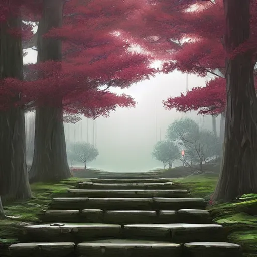 Image similar to concept art by sylvain sarrailh of a haunted japan temple, a short stone path stairs, asiatic forest