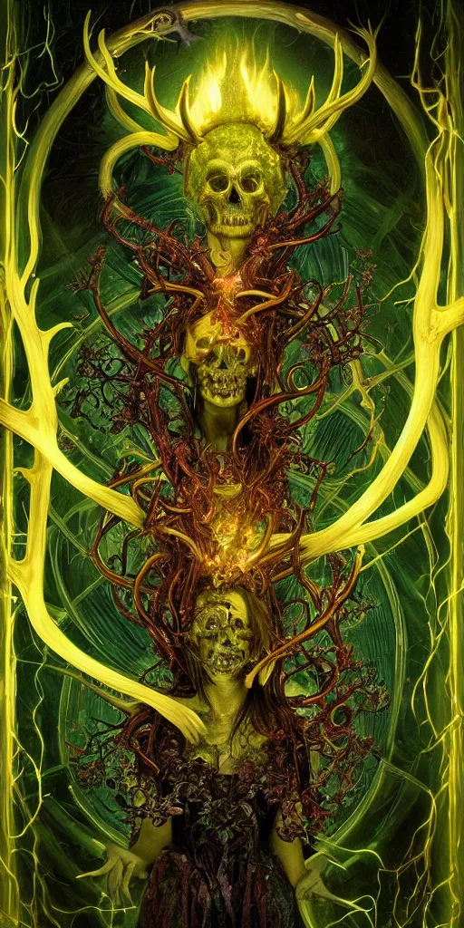 Image similar to intense glowing pagan fungus god with antlers and tentacles and intense glowing eyes and a mossy skull in very dark cosmic space by karol bak and artgerm and alphonse mucha, portrait, fantasy, clear, light beams, lens flare, intense, uhd, amazing depth, cinematic lighting, deep green and black and shining gold