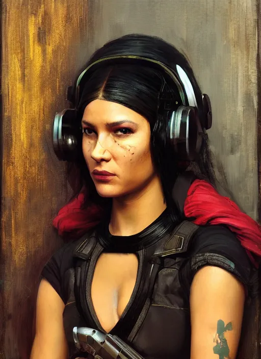 Prompt: Isabel igwe. cyberpunk mercenary wearing a cyberpunk headset and combat jumpsuit. (Cyberpunk 2077, bladerunner 2049). Iranian orientalist portrait by john william waterhouse and Edwin Longsden Long and Theodore Ralli and Nasreddine Dinet, oil on canvas. Cinematic, vivid colors, hyper realism, realistic proportions, dramatic lighting, high detail 4k