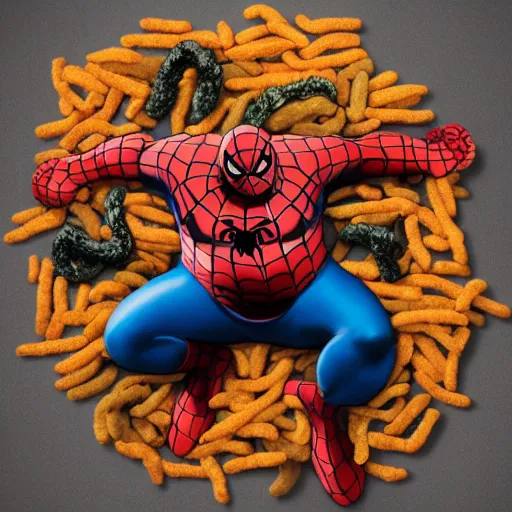 Prompt: morbidly obese spiderman laying on a giant bed of cheetos, 7 0 mm, super high resolution, award winning