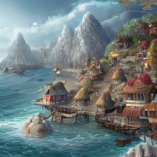 Image similar to a seaside village, detailed, fantasy style, trending on artstation