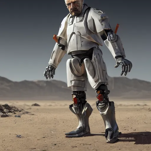 Prompt: Walter White in cybernetic battle armour, 4k octane render, highly detailed, concept art, Ralph McQuarrie