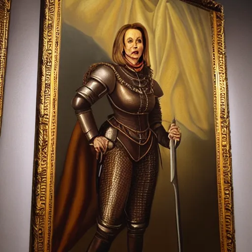 Image similar to painting of nancy pelosi standing in front of 1 6 th century backdrop. she looks like vigo the carpathian wearing armor. patina on armor. she ominously stares forward. hand on hip, arm resting on large stone. sepia toned. dramatic lighting. painting by lou police for ghostbusters 2.