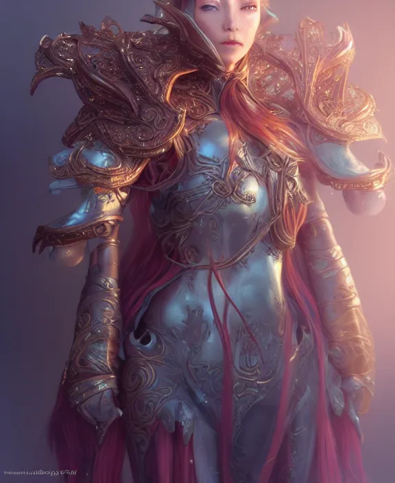 Image similar to a regal elf with long blue windswept hair in a rose gold breastplate, 3 d render by mandy jurgens, artgerm, and lu ji, centered, artsation contest winner, cgsociety, fantasy art, cryengine, concept art, photorealism, daz 3 d, sketchfab, zbrush, vray