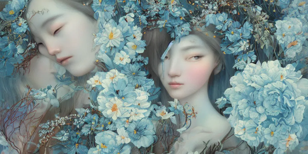 Prompt: breathtaking detailed concept art painting blend of two goddess of light blue flowers by hsiao - ron cheng with anxious piercing eyes, vintage illustration pattern with bizarre compositions blend of flowers and fruits and birds by beto val and john james audubon, exquisite detail, extremely moody lighting, 8 k