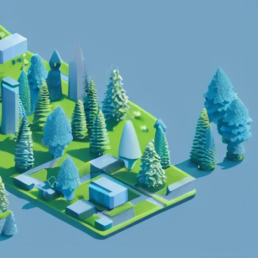 Prompt: isometric minimalistic chubby forest with magical trees, cinema 4 d, 1 0 0 mm, blue color scheme depth of field, octane render, studio lighting
