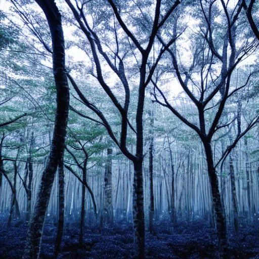 Image similar to Ground level view of An indigo forest in Japan, dark, midnight, seven ghostly white trees