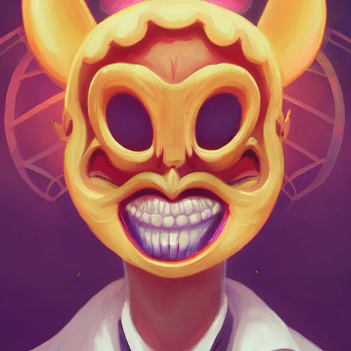 Image similar to a portrait of the happy mask salesman, art by lois van baarle and loish and ross tran and rossdraws and sam yang and samdoesarts and artgerm and saruei and disney, digital art, highly detailed, intricate, sharp focus, trending on artstation hq, deviantart, unreal engine 5, 4 k uhd image