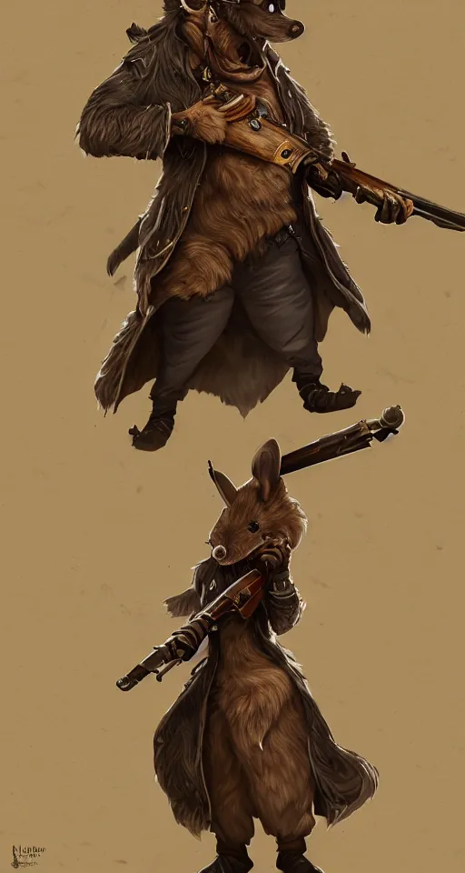 Image similar to a highly detailed illustration of one anthropomorphic rat wearing a long coat holding a wooden shotgun, dramatic standing, intricate, elegant, highly detailed, centered, digital painting, artstation, concept art, smooth, sharp focus, league of legends concept art, wlop