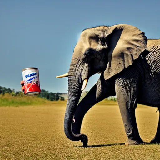 Image similar to an elephant is drinking from a straw into a can of red bull that is 4 0 feet tall