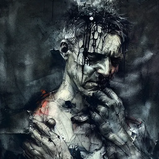 Prompt: a man stealing energy from another man by emil melmoth zdzislaw belsinki craig mullins yoji shinkawa realistic render ominous detailed photo atmospheric by jeremy mann francis bacon and agnes cecile ink drips paint smears digital glitches glitchart