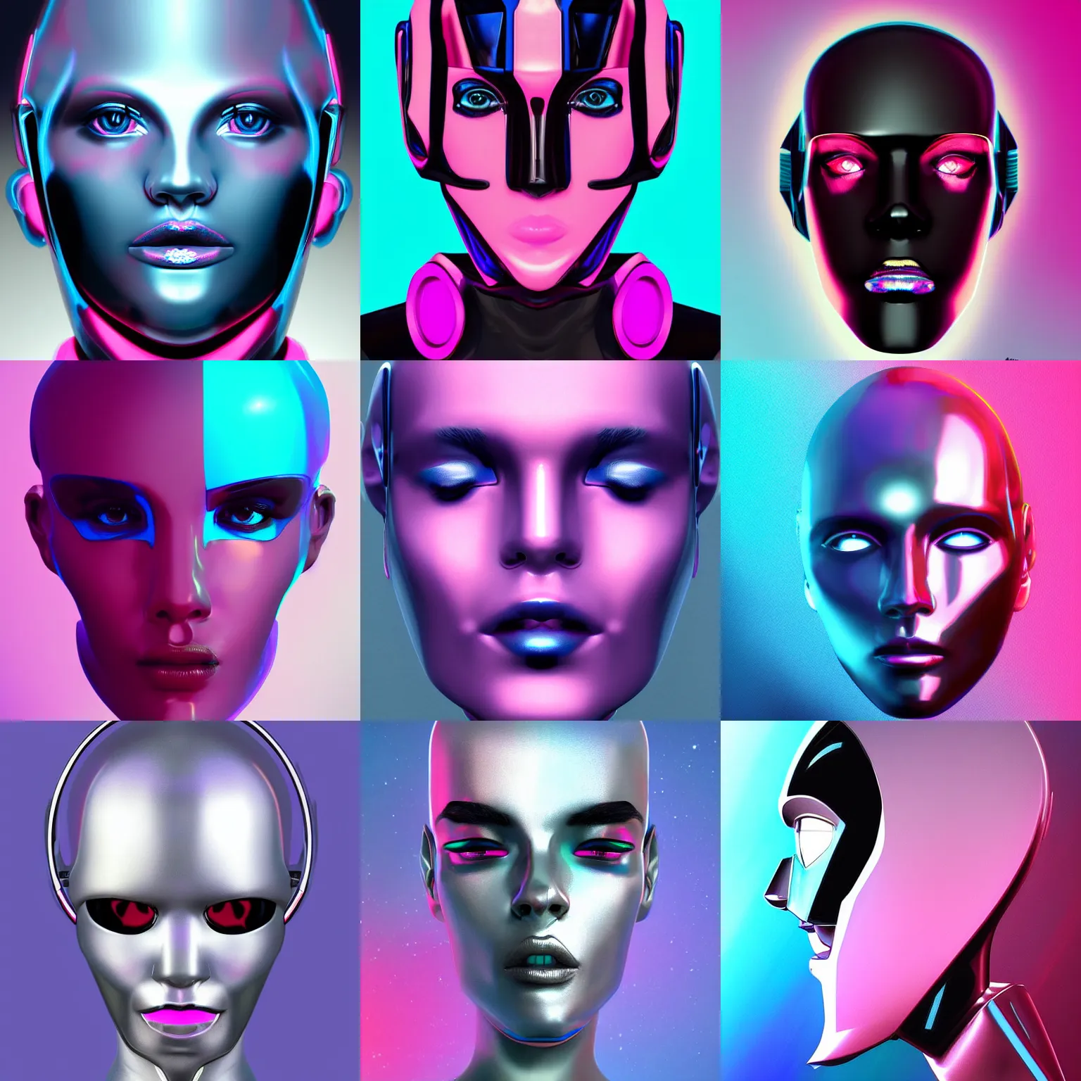 Prompt: portrait of a high gloss black futuristic robot head, blue and pink highlights, digital art, artstation